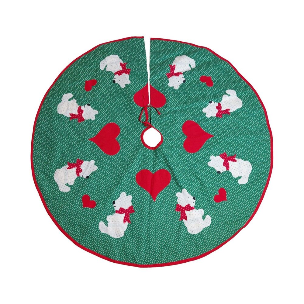 Handmade Teddy Bear & Hearts Applique Christmas Tree Skirt Green Red 42.5"